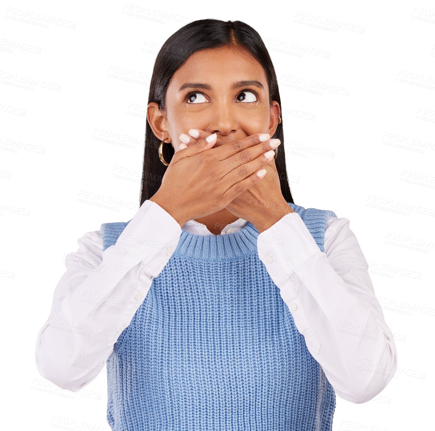 Buy stock photo Woman, face and hand with surprised for secret, announcement or gossip isolated on a png transparent background. Indian person, wow and shocked, emoji or sign for drama, confidential and gesture