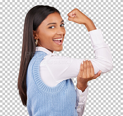 Arm, flex and portrait of woman in studio for winner, success and empowerment. Gender equality, satisfaction and champion with female on yellow background for pride, muscle strength and achievement
