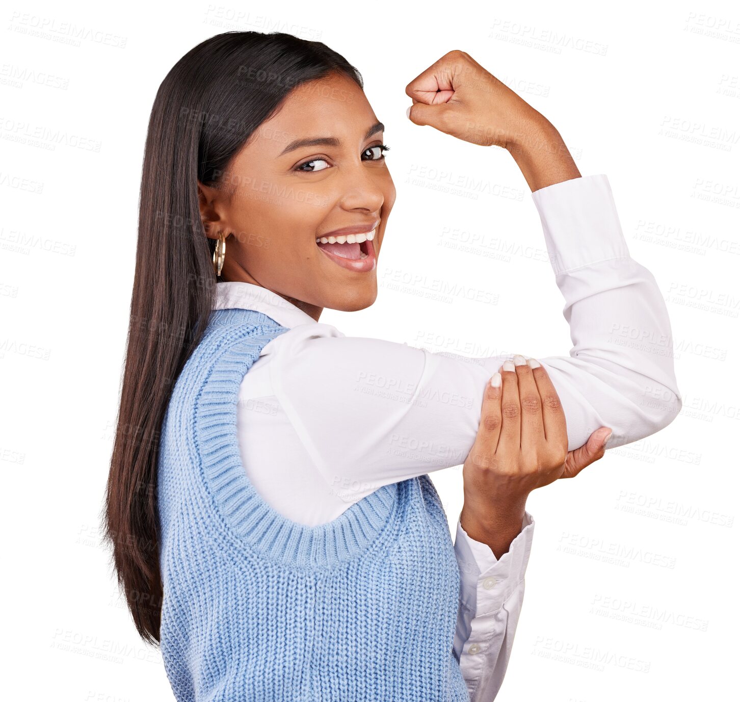 Buy stock photo Arm, flex and portrait of woman with happy for winner or success isolated on png transparent background. Indian person, champion or muscles and pride, strength or achievement with smile or confidence