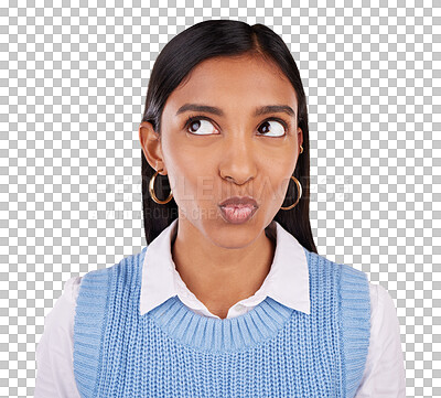 Buy stock photo Funny face, lips and pout with happy indian woman isolated on a transparent background for comedy. Mouth, comic and kiss emoji with a carefree young person on PNG for humor or facial expression