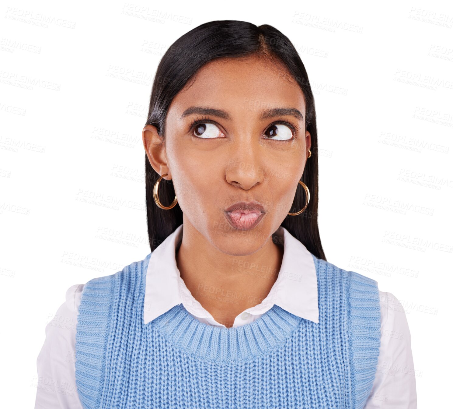 Buy stock photo Funny face, lips and pout with happy indian woman isolated on a transparent background for comedy. Mouth, comic and kiss emoji with a carefree young person on PNG for humor or facial expression