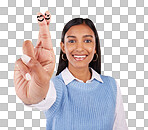 Smiley face, fingers and portrait of Indian woman in studio with drawing for happiness, smile and luck hand sign. Emoji mockup, yellow background and happy girl for wish, hope and lucky gesture