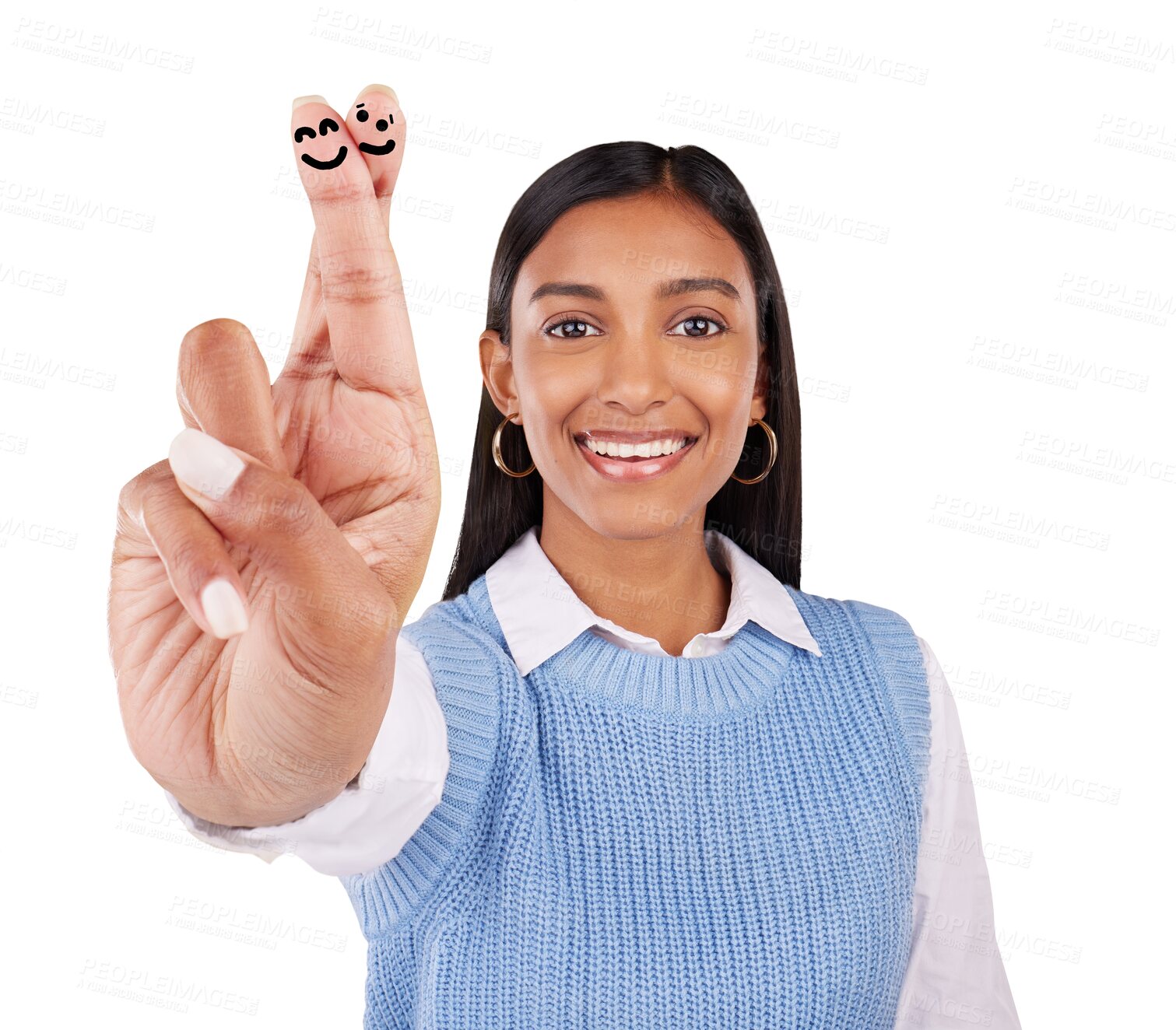 Buy stock photo Woman, portrait and fingers crossed for good luck hand sign, wish or isolated on transparent png background. Indian person, finger gesture and smile face drawing for hope promise, review or winning