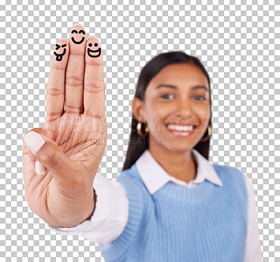 Buy stock photo Emoji, fingers and portrait of woman with drawing for artistic expression, fun or creativity isolated on transparent png background. Indian model smile with icon of faces, emoticon or design on hands