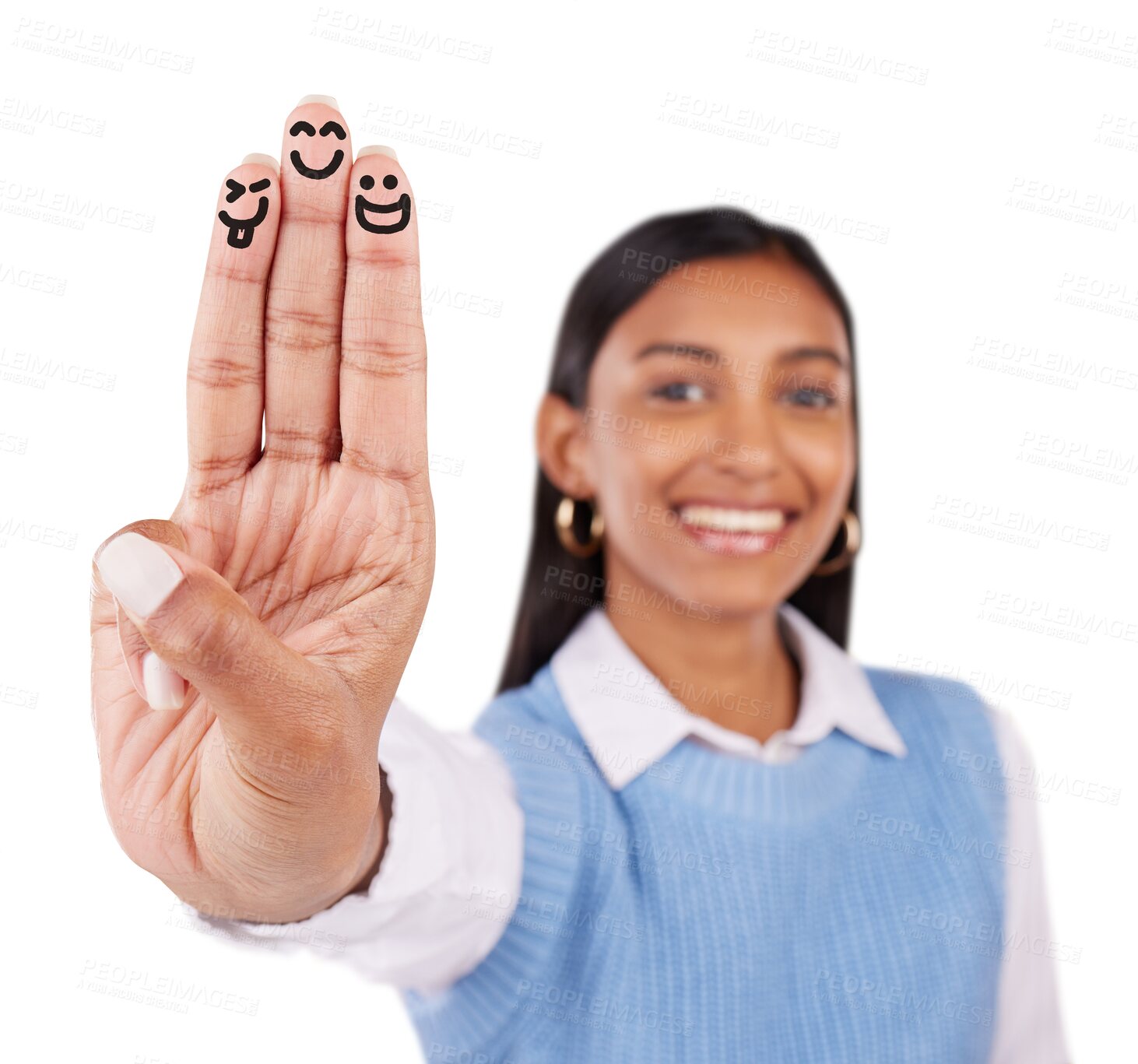 Buy stock photo Emoji, fingers and portrait of woman with drawing for artistic expression, fun or creativity isolated on transparent png background. Indian model smile with icon of faces, emoticon or design on hands