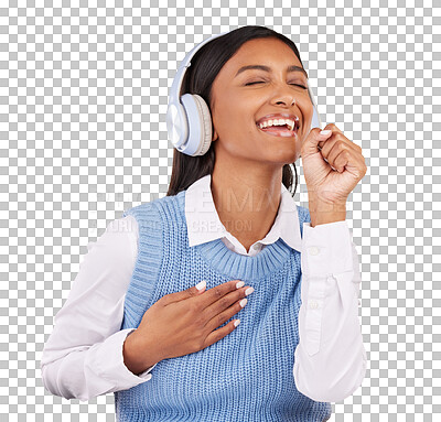 Buy stock photo Happy, singing and young woman with headphones listen to music, playlist or album for karaoke. Smile, excited and Indian female person with mic gesture for song isolated by transparent png background