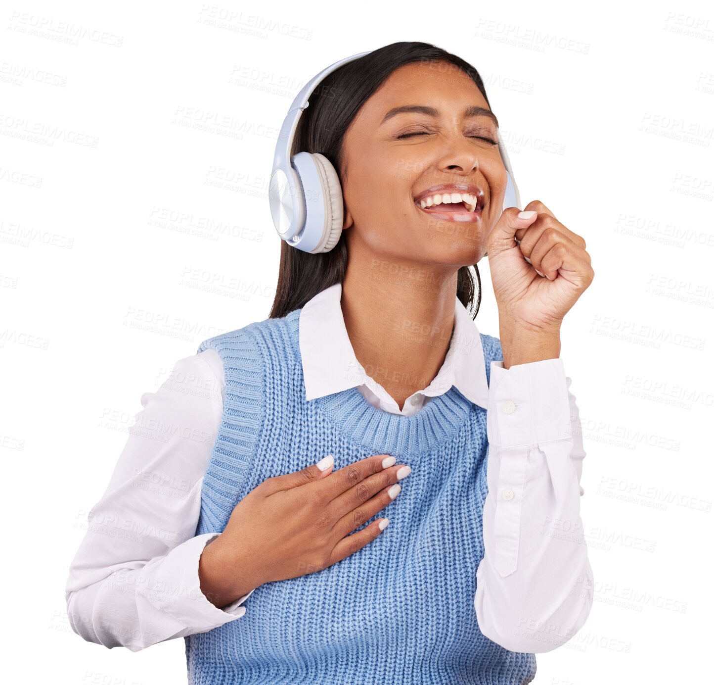 Buy stock photo Happy, singing and young woman with headphones listen to music, playlist or album for karaoke. Smile, excited and Indian female person with mic gesture for song isolated by transparent png background