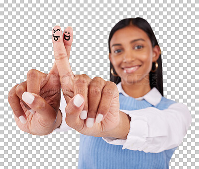 Buy stock photo Woman, portrait and fingers smiley face or hand gesture for good luck, hope or opportunity wish sign. Indian person, hands and isolated on transparent png background for expression, art or drawing