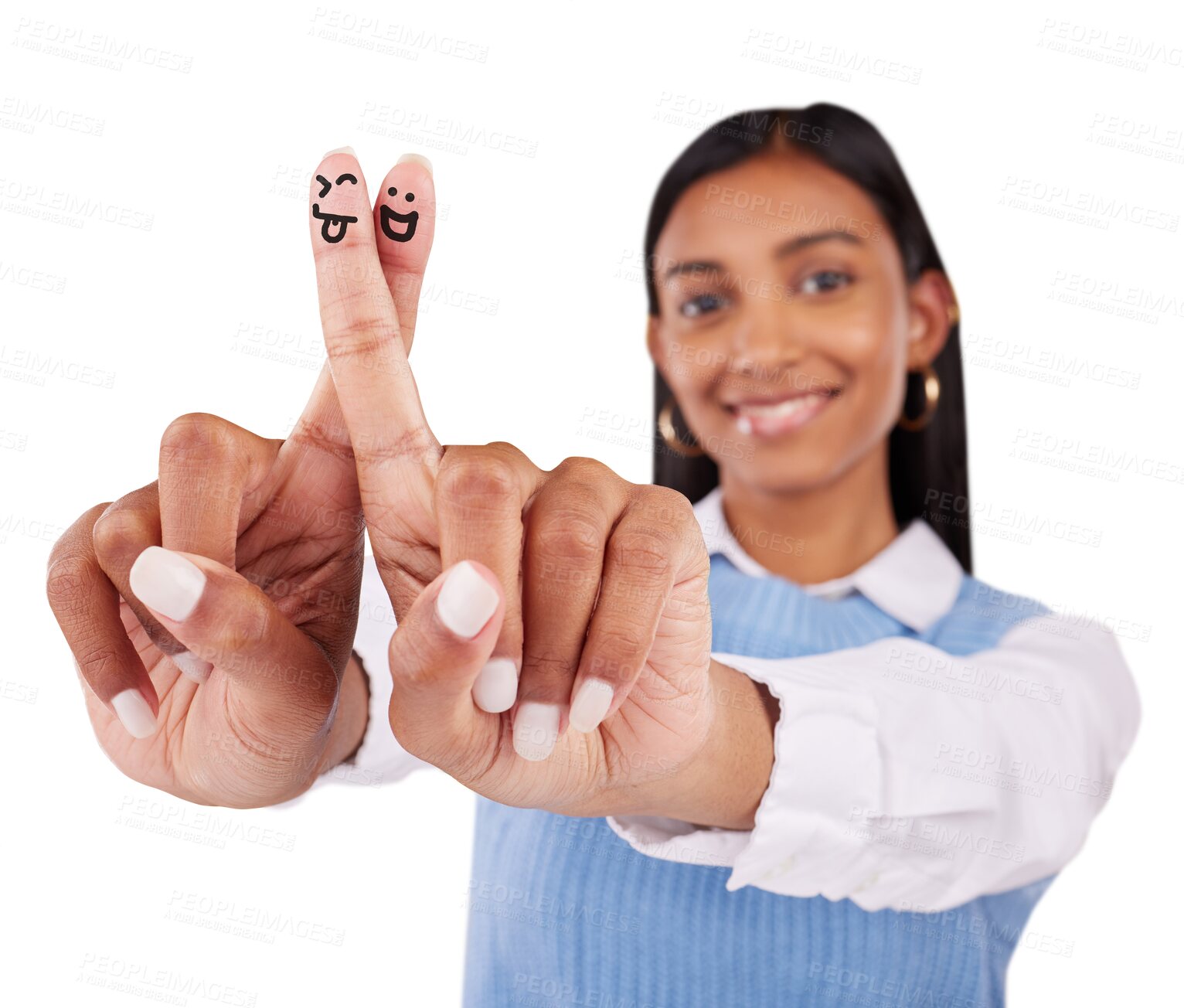 Buy stock photo Woman, portrait and fingers smiley face or hand gesture for good luck, hope or opportunity wish sign. Indian person, hands and isolated on transparent png background for expression, art or drawing