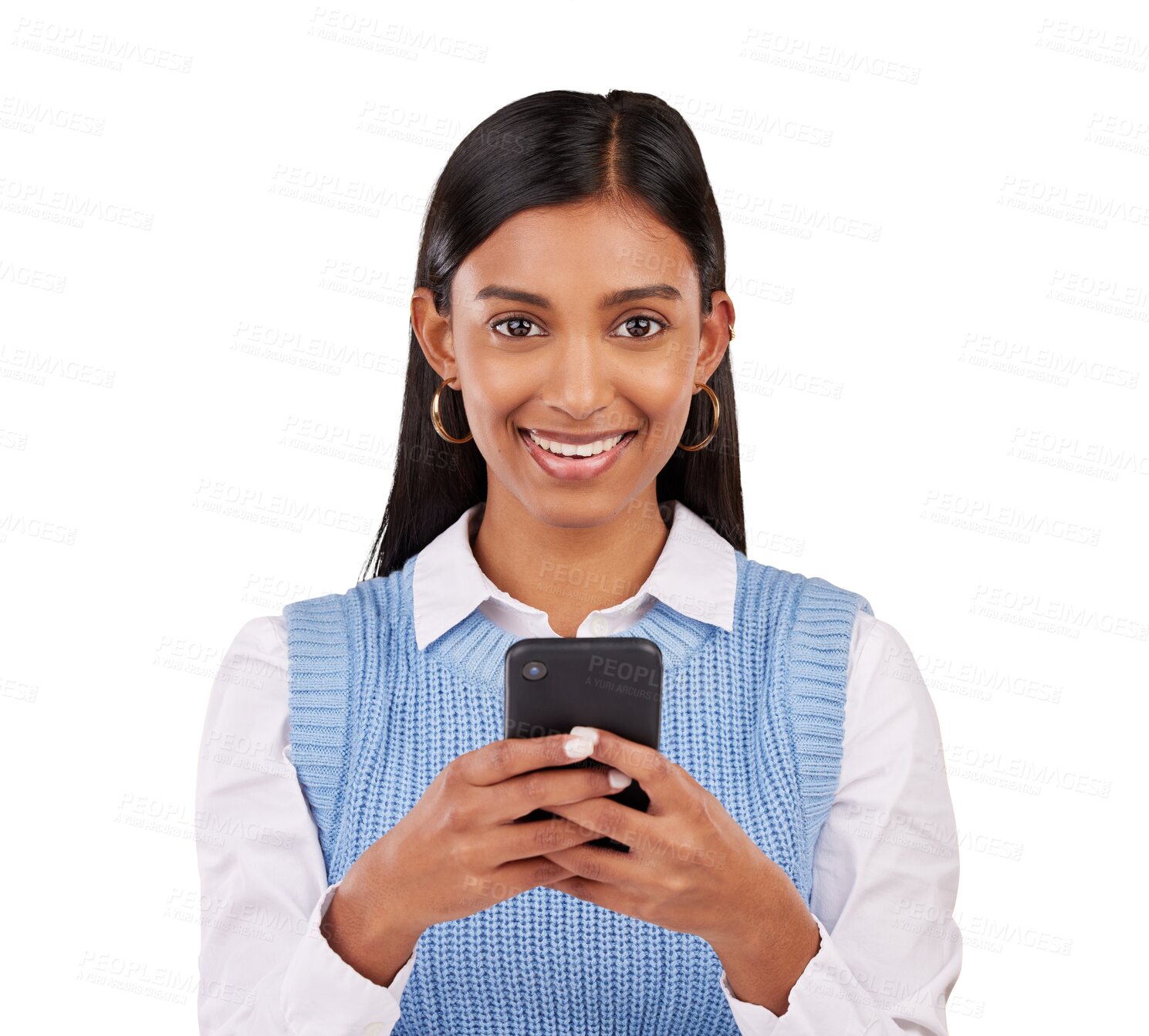 Buy stock photo Portrait, businesswoman and smile with phone for texting, email or message by cellular connection. Indian person, entrepreneur and startup on isolated or transparent png background for communication