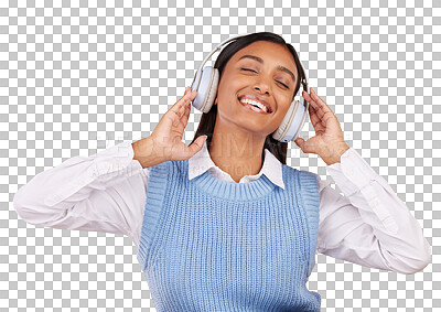 Buy stock photo Happy, headphones and young woman with smile listening to music, playlist or album for karaoke. Positive, excited and Indian female person streaming song isolated by transparent png background.