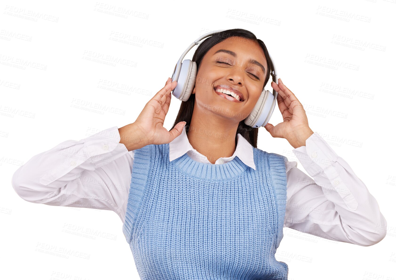 Buy stock photo Happy, headphones and young woman with smile listening to music, playlist or album for karaoke. Positive, excited and Indian female person streaming song isolated by transparent png background.