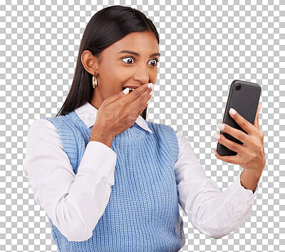 Buy stock photo Happy woman, cover and mouth with phone for social media, announcement or notification on internet. Indian person, excited and app on isolated or transparent png background for gossip, news or alert