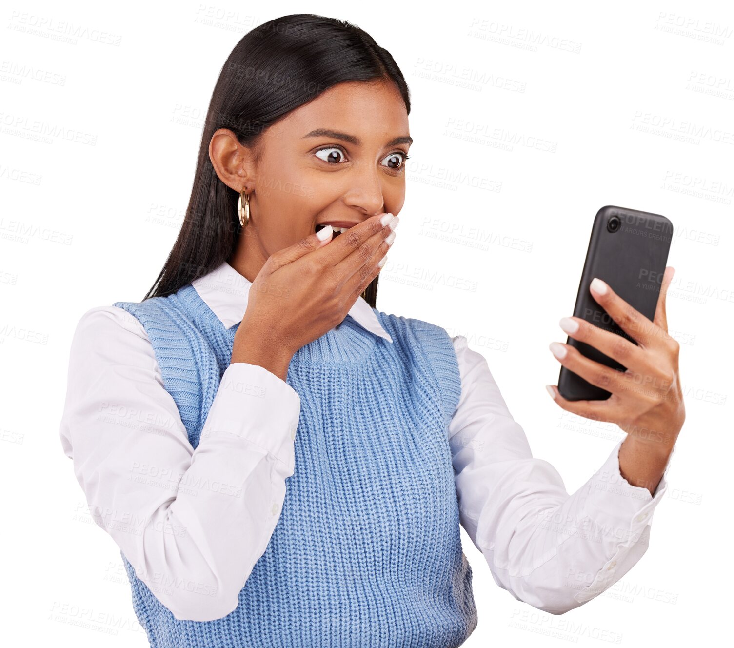 Buy stock photo Happy woman, cover and mouth with phone for social media, announcement or notification on internet. Indian person, excited and app on isolated or transparent png background for gossip, news or alert