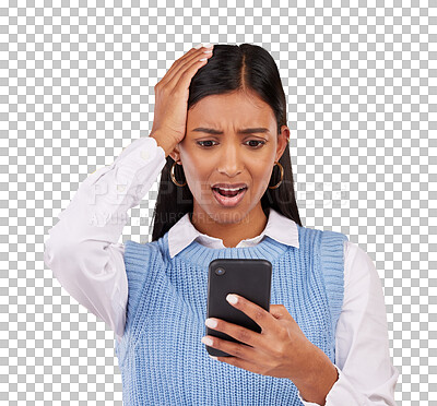 Buy stock photo Face, businesswoman and shock with phone for social media, announcement or fake news. Indian person, gesture and upset by reading, mobile app and isolated on transparent png background with alert