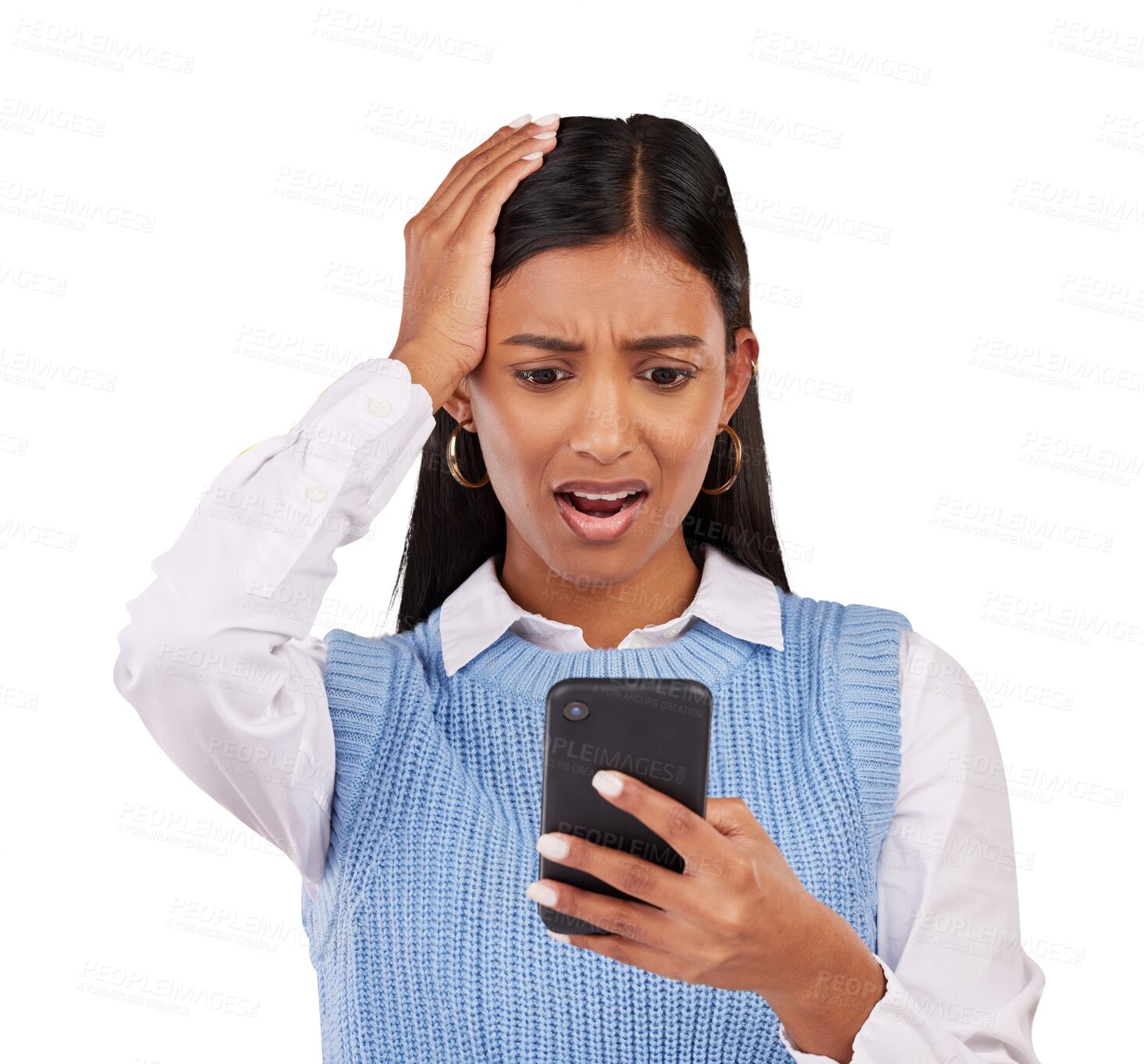 Buy stock photo Face, businesswoman and shock with phone for social media, announcement or fake news. Indian person, gesture and upset by reading, mobile app and isolated on transparent png background with alert