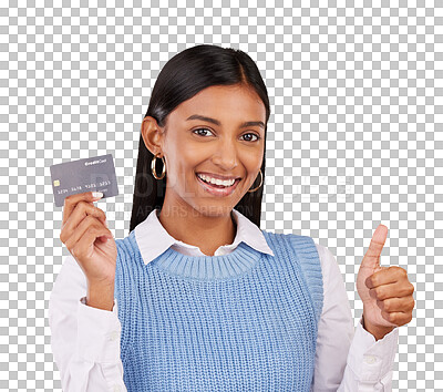 Buy stock photo Portrait, woman or thumbs up with credit card for banking, online shopping or financial savings isolated on transparent png background. Happy indian model, investment winner or feedback of sales deal