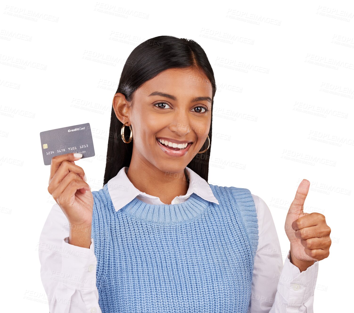 Buy stock photo Portrait, woman or thumbs up with credit card for banking, online shopping or financial savings isolated on transparent png background. Happy indian model, investment winner or feedback of sales deal