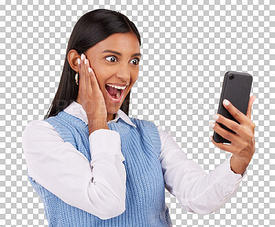 Buy stock photo Happy woman, phone and excitement for offer on social media, internet or app by notification. Indian person, shout and emoji for announcement, alert or deal on isolated or transparent png background