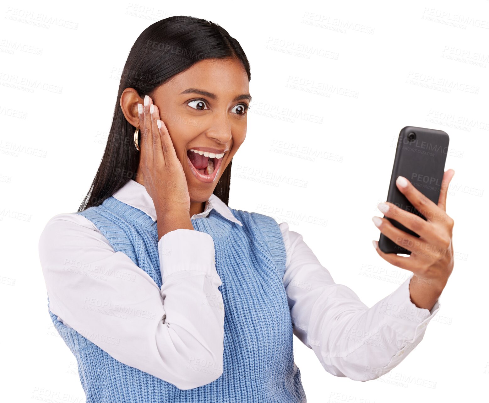 Buy stock photo Happy woman, phone and excitement for offer on social media, internet or app by notification. Indian person, shout and emoji for announcement, alert or deal on isolated or transparent png background