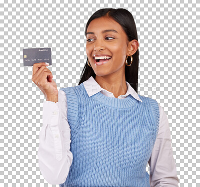 Buy stock photo Woman, smile and credit card for banking, finance and wealth of investment isolated on transparent png background. Indian customer excited for savings deal, accounting or payment of financial freedom