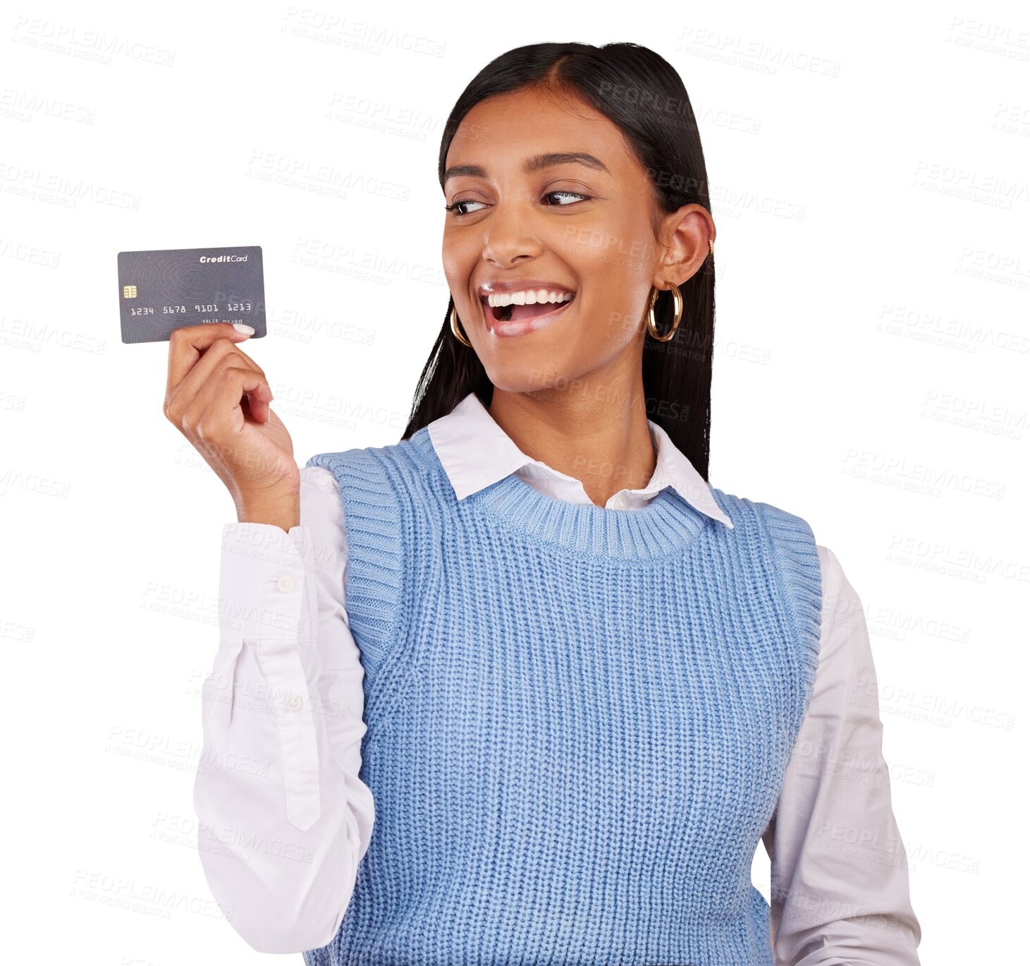 Buy stock photo Woman, smile and credit card for banking, finance and wealth of investment isolated on transparent png background. Indian customer excited for savings deal, accounting or payment of financial freedom