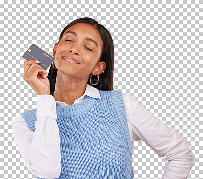 Buy stock photo Woman, credit card and smile for banking, investment or budget of wealth isolated on transparent png background. Happy indian customer with account of savings deal, sales payment or financial freedom