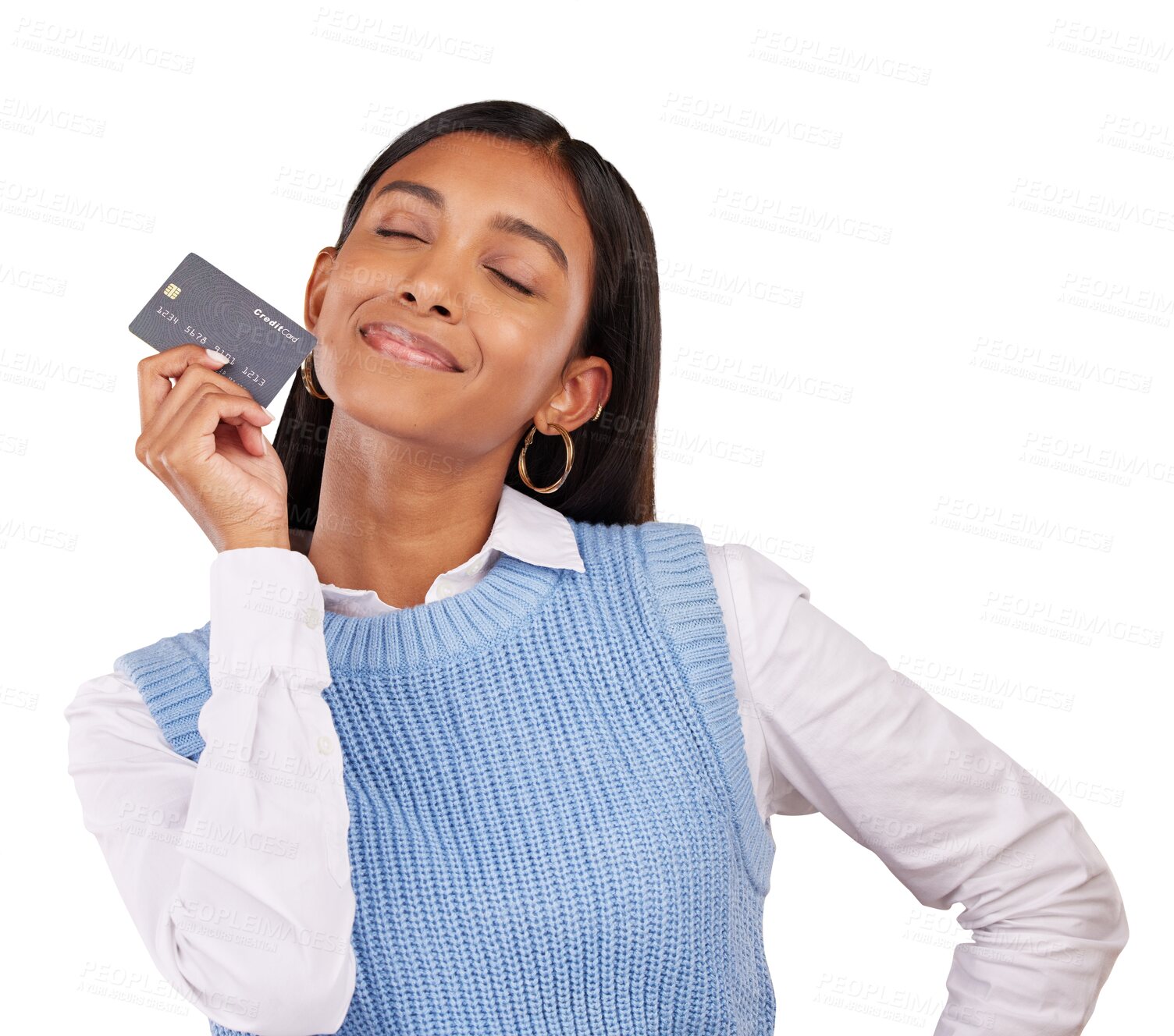 Buy stock photo Woman, credit card and smile for banking, investment or budget of wealth isolated on transparent png background. Happy indian customer with account of savings deal, sales payment or financial freedom