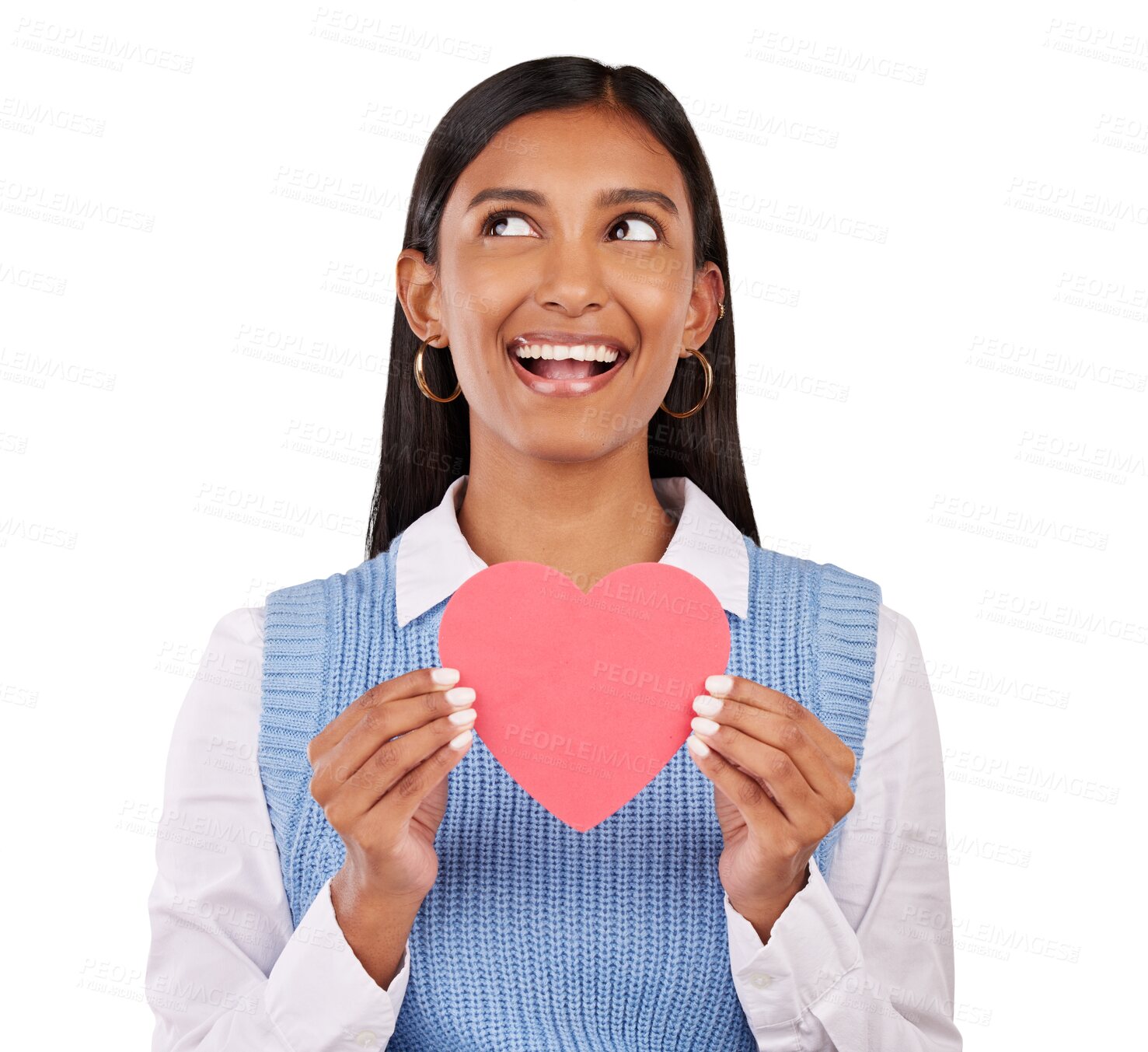 Buy stock photo Face, woman with paper heart and isolated on transparent png background with smile, like and opinion. Happy girl holding love sign, icon and emoji for peace, kindness and thinking of romantic care.