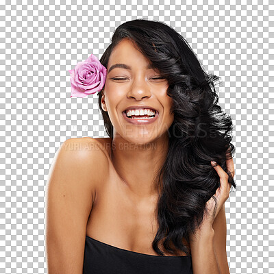 Buy stock photo Happy, flower and hair care of woman, curly treatment and natural beauty with eyes closed. Hairstyle, organic floral cosmetics and wellness, healthy rose and excited on a transparent png background