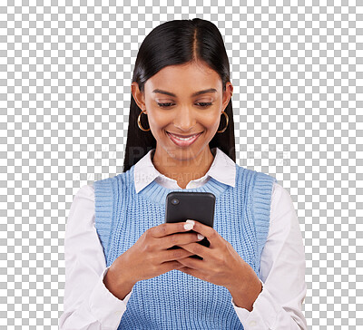 Buy stock photo Businesswoman, phone and smile for texting, email or message by cellular, network or connection. Indian person, entrepreneur and startup on isolated or transparent png background for communication