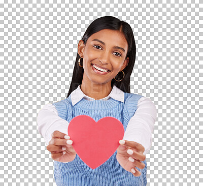 Buy stock photo Portrait, cut out and woman with heart, shape and smile isolated on a transparent background. Face, person and model with a symbol for love, emoji and icon with png, happiness and paper with joy