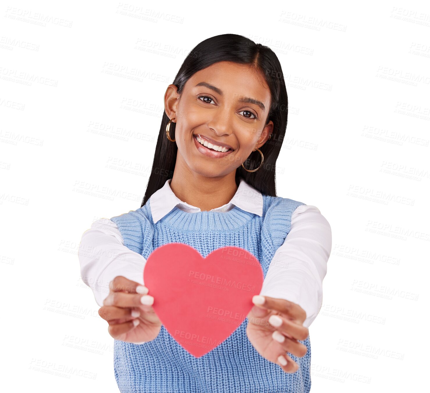 Buy stock photo Portrait, cut out and woman with heart, shape and smile isolated on a transparent background. Face, person and model with a symbol for love, emoji and icon with png, happiness and paper with joy