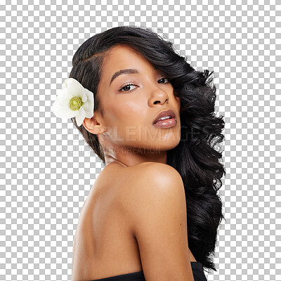 Buy stock photo Portrait, flower and hair care of woman, beauty hairdresser treatment and natural on a transparent png background. Curly hairstyle, organic floral cosmetics and serious face, health and skin wellness