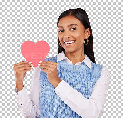 Buy stock photo Portrait, paper and woman with heart shape, smile and cheerful isolated on transparent background. Face, person and model with symbol for love, emoji and icon with png, happiness or peace with hope