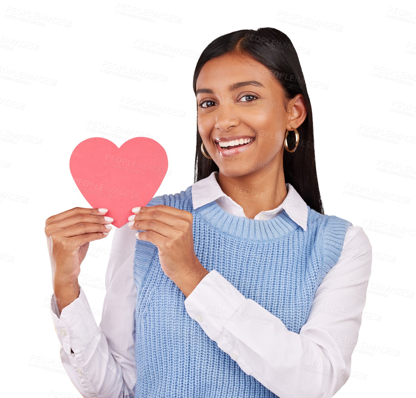 Buy stock photo Portrait, paper and woman with heart shape, smile and cheerful isolated on transparent background. Face, person and model with symbol for love, emoji and icon with png, happiness or peace with hope