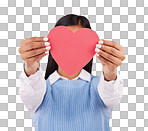 Cover, paper and heart with woman in studio for love, support and romance. Valentines day, kindness and date with female hiding with symbol on yellow background for health, happiness and hope mockup