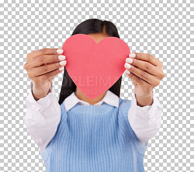 Buy stock photo Hands, romance and hidden person with heart paper, emoji icon or care poster for Valentines Day, health or support. Compassion, face cover or student love sign isolated on transparent, png background