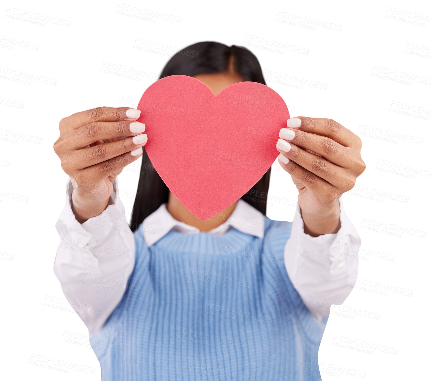 Buy stock photo Hands, romance and hidden person with heart paper, emoji icon or care poster for Valentines Day, health or support. Compassion, face cover or student love sign isolated on transparent, png background