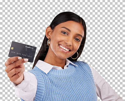 Buy stock photo Portrait, woman and smile with credit card for banking, sales deal or financial accounting isolated on transparent png background. Happy indian customer, finance payment or savings of loan investment