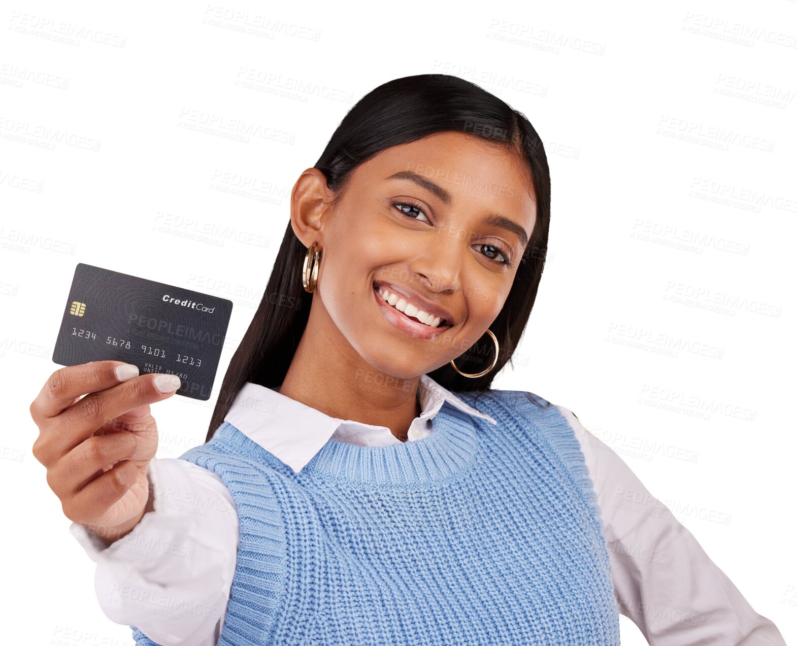 Buy stock photo Portrait, woman and smile with credit card for banking, sales deal or financial accounting isolated on transparent png background. Happy indian customer, finance payment or savings of loan investment