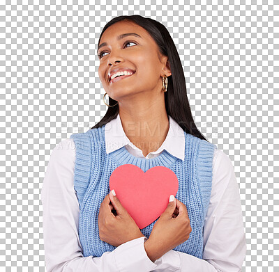 Buy stock photo Paper, cut out and woman with heart shape, hope and smile isolated on a transparent background. Peace, person and model with a symbol for love, emoji or icon with png, happiness and thinking with joy