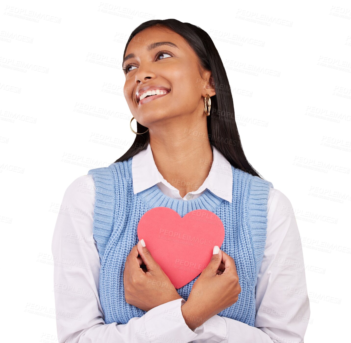 Buy stock photo Paper, cut out and woman with heart shape, hope and smile isolated on a transparent background. Peace, person and model with a symbol for love, emoji or icon with png, happiness and thinking with joy