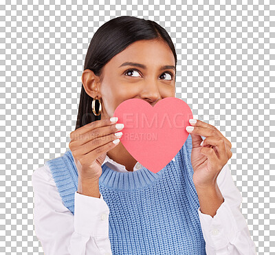 Buy stock photo Heart, paper and woman with thinking face for love mockup, support and romance or valentines day ideas. Young person cover mouth with emoji space for kindness isolated on transparent png background