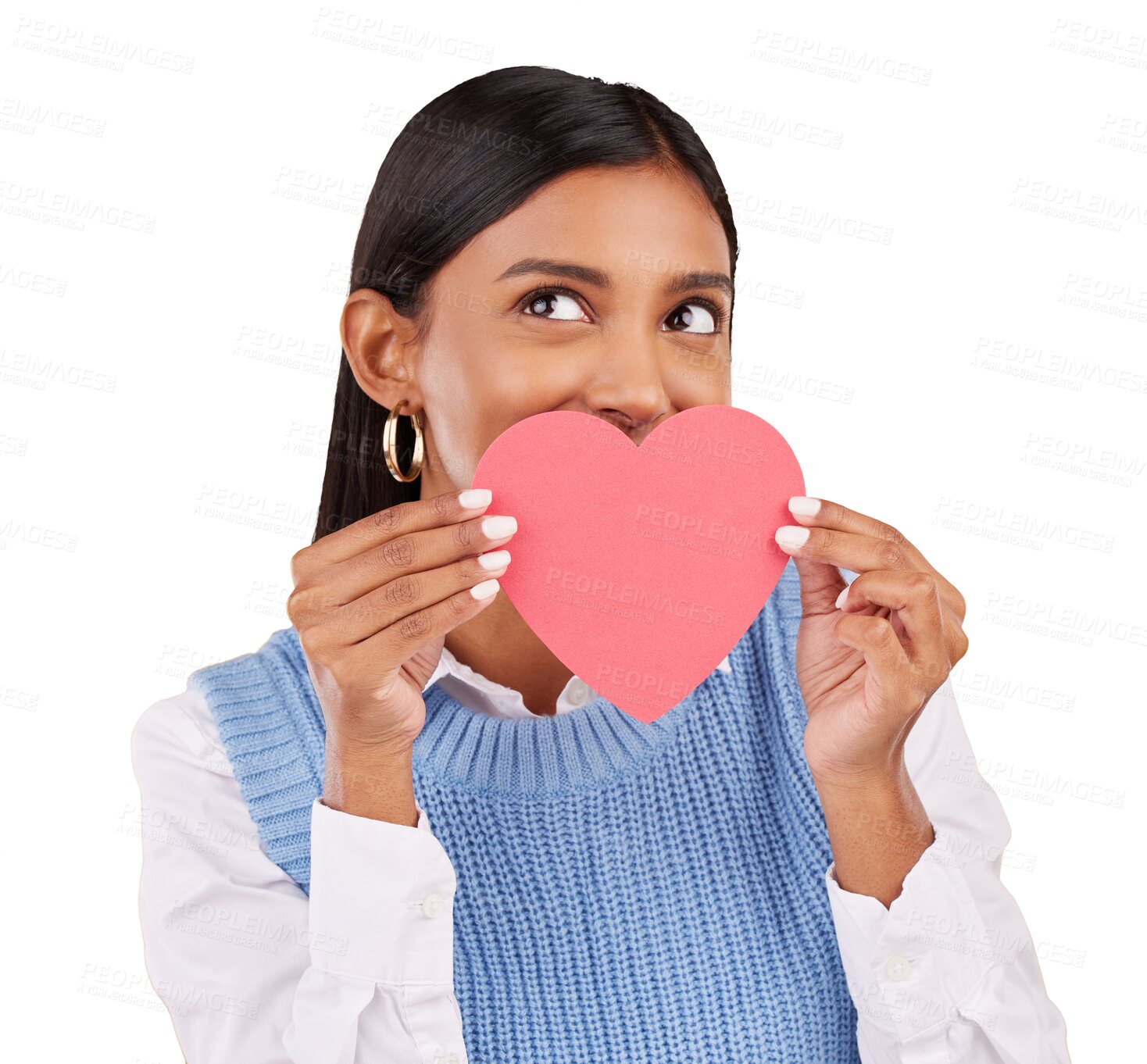 Buy stock photo Heart, paper and woman with thinking face for love mockup, support and romance or valentines day ideas. Young person cover mouth with emoji space for kindness isolated on transparent png background