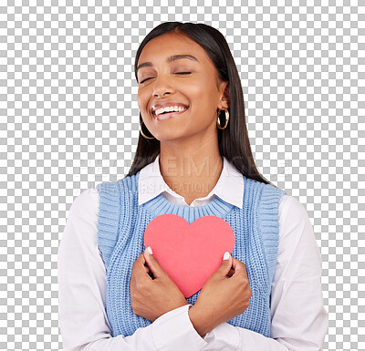 Buy stock photo Happy woman, satisfaction and heart for love, support and romance isolated on a transparent PNG background. Female person smile with like emoji, shape or icon for valentines day, kindness or date