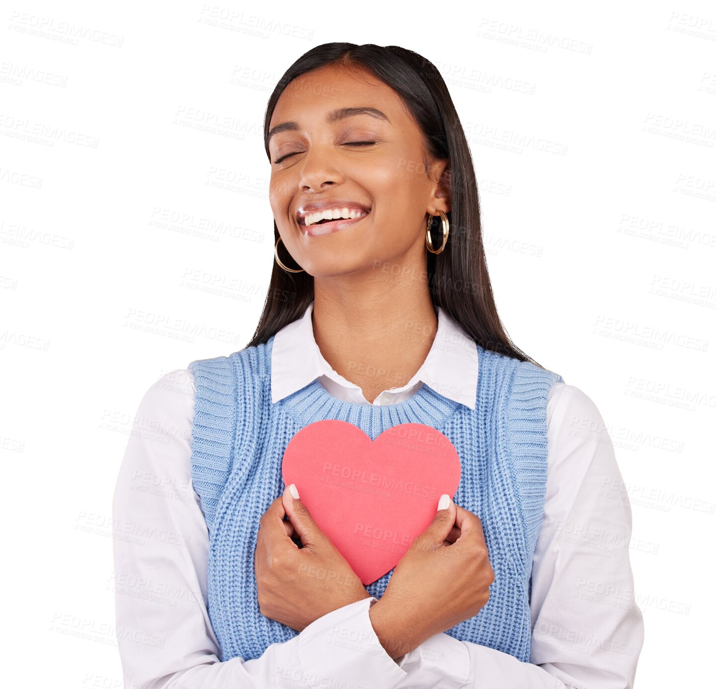 Buy stock photo Happy woman, satisfaction and heart for love, support and romance isolated on a transparent PNG background. Female person smile with like emoji, shape or icon for valentines day, kindness or date