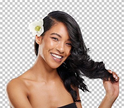 Buy stock photo Portrait, flower and hair care of woman, wavy hairdresser treatment or natural beauty isolated on a transparent png background. Hairstyle, organic floral cosmetics and happy face, health and anemone