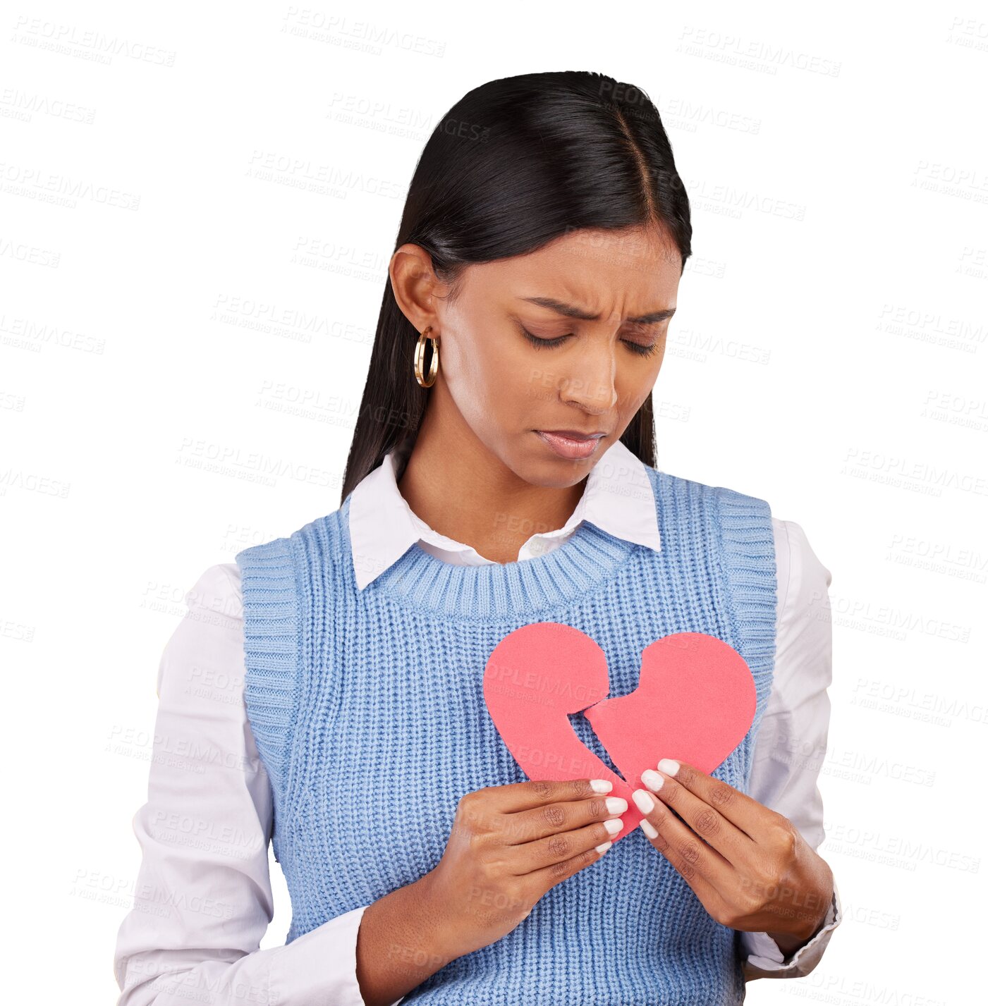 Buy stock photo Sad, breakup and an unhappy woman with a broken heart isolated on a transparent background for depression. Love, pain and tear in a cardboard shape with a young person on PNG for emotional grief