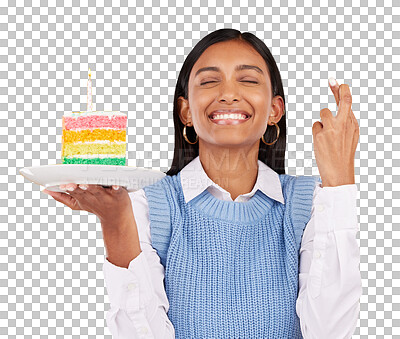 Buy stock photo Smile, wish and woman with cake, fingers crossed and celebration isolated on transparent background. Person, girl or model with hand gesture, cheerful or png with rainbow dessert, excited or gen z